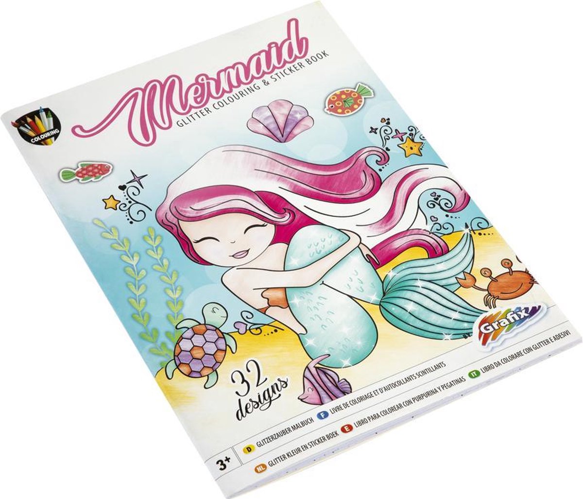 Glitter kleurboek en stickerboek | Thema Zeemeermin - 32 designs - 2 stickervellen A4